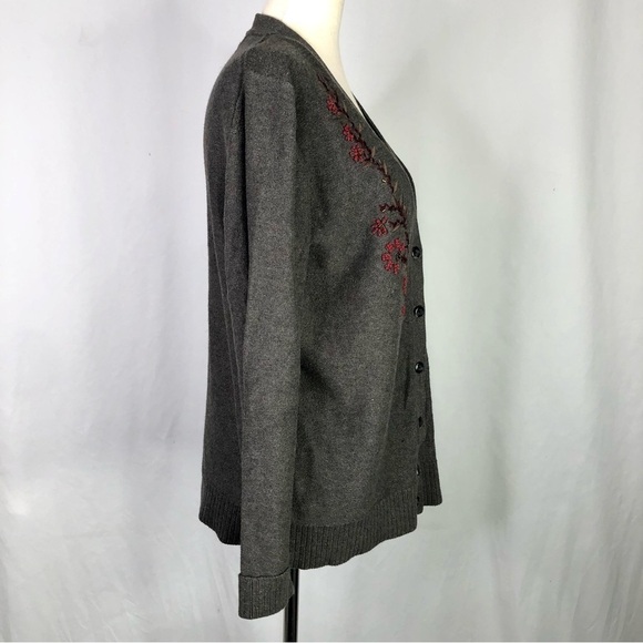 Eddie Bauer embroidered v-neck cardigan grey cotton blend berries beaded XL - Picture 3 of 8